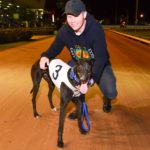 We The People with handler Jamie Ennis after running 2nd in a Sandown Cup heat to Kenny The Brute.