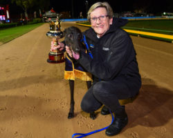 Wow She's Fast and trainer Jackie Greenough with the Sapphire Crown trophy.