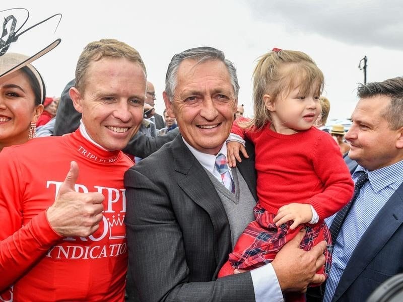 Trainer Peter Snowden and Paul Snowden with Jockey Kerrin McEvoy