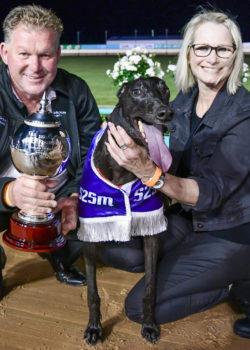 Aston Rupee with trainer Glenn Rounds and partner Vicki Wisener after taking out the Topgun